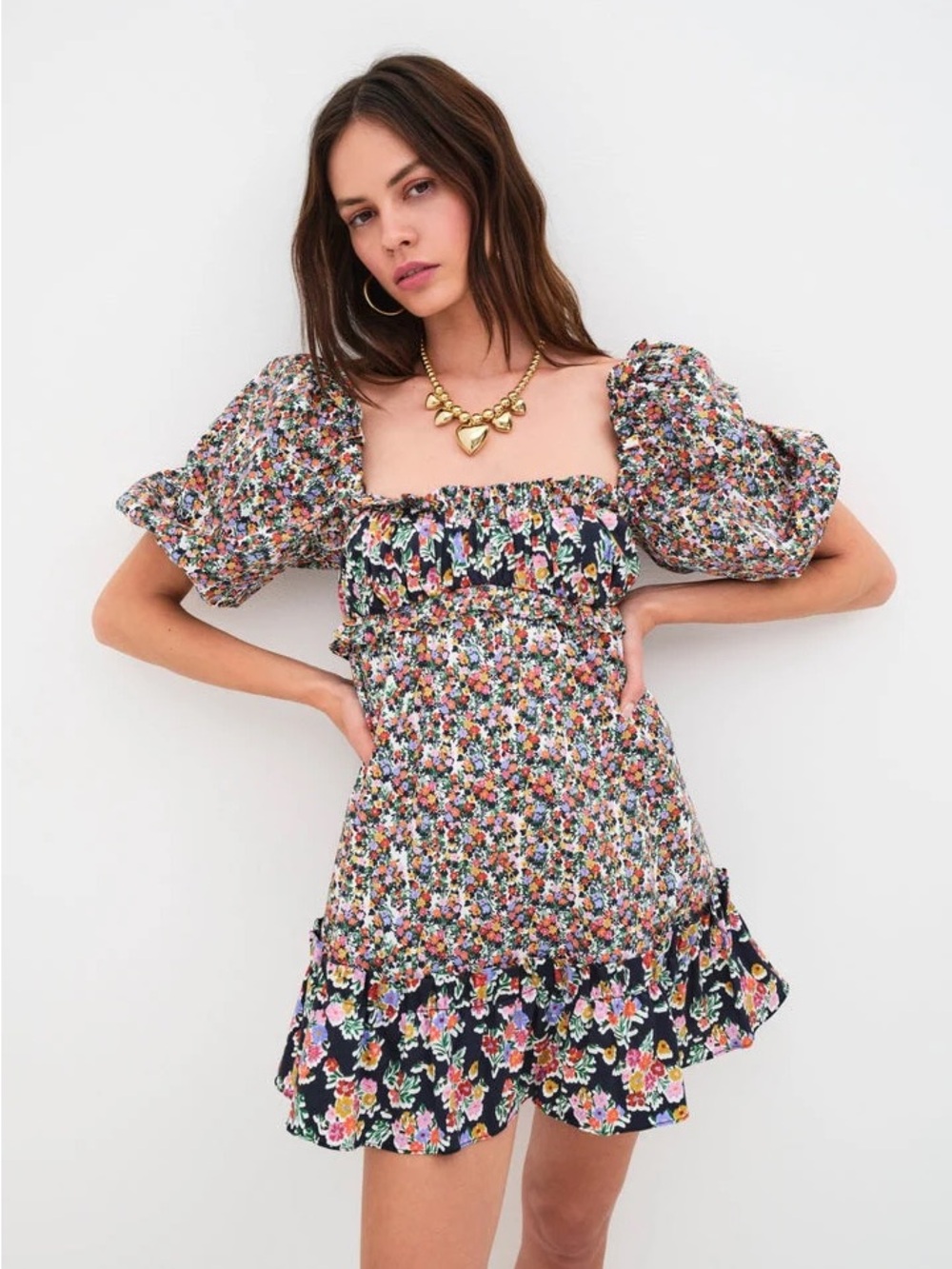 New! For Love And Lemons Hudson Black Floral Puff-Sleeve Mini Dress 🌸 Medium - Picture 2 of 13